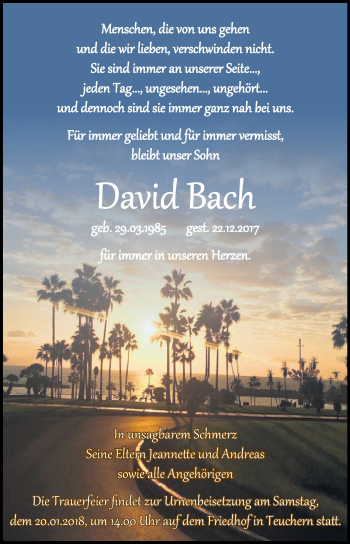 Traueranzeige von David Bach von WVG - Wochenspiegel NMB / WSF / ZTZ