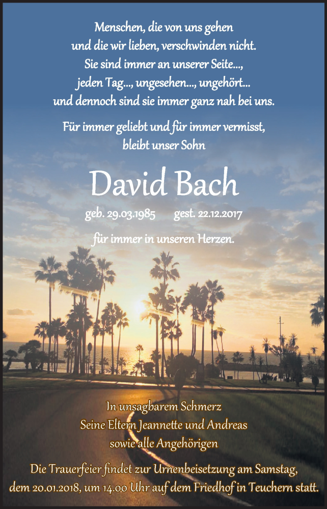  Traueranzeige für David Bach vom 17.01.2018 aus Mitteldeutsche Zeitung Weißenfels