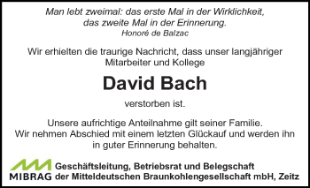 Traueranzeige von David Bach von Mitteldeutsche Zeitung Weißenfels