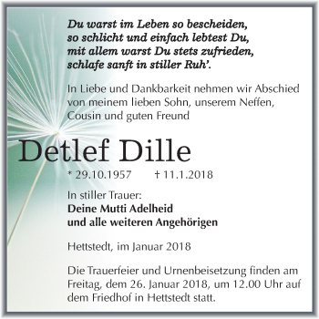 Traueranzeige von Detlef Dille von Mitteldeutsche Zeitung