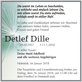 Traueranzeige von Detlef Dille von Super Sonntag SGH Mansf. Land