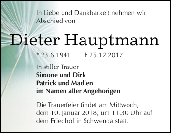 Traueranzeige von Dieter Hauptmann von Super Sonntag SGH Mansf. Land
