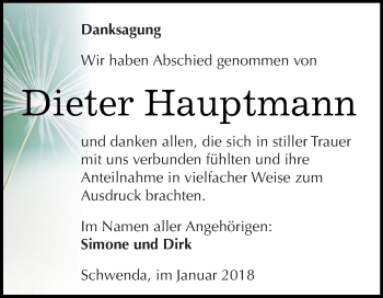 Traueranzeige von Dieter Hauptmann von Super Sonntag SGH Mansf. Land