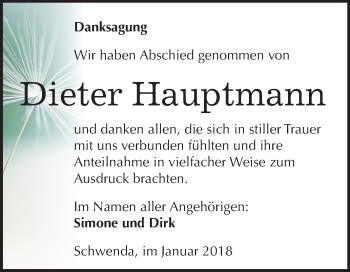 Traueranzeige von Dieter Hauptmann von Mitteldeutsche Zeitung Sangerhausen