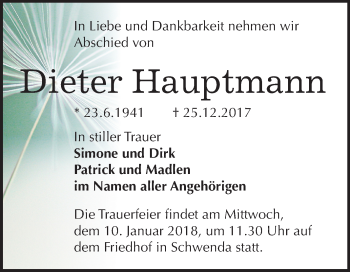 Traueranzeige von Dieter Hauptmann von Mitteldeutsche Zeitung Sangerhausen
