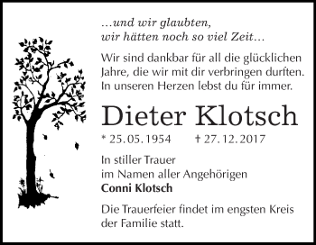 Traueranzeige von Dieter Klotsch von WVG - Wochenspiegel Dessau / Köthen