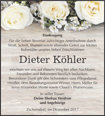Traueranzeige von Dieter Köhler von WVG - Wochenspiegel Bitterfeld