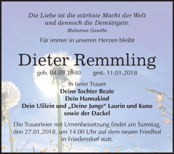 Traueranzeige von Dieter Remmling von Mitteldeutsche Zeitung Bitterfeld