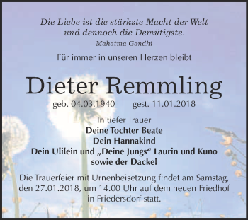 Traueranzeige von Dieter Remmling von WVG - Wochenspiegel Bitterfeld
