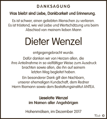 Traueranzeige von Dieter Wenzel von WVG - Wochenspiegel NMB / WSF / ZTZ