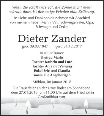 Traueranzeige von Dieter Zander von WVG - Wochenspiegel Wittenberg
