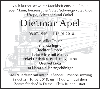 Traueranzeige von Dietmar Apel von WVG - Wochenspiegel Dessau / Köthen
