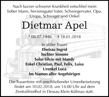 Traueranzeige von Dietmar Apel von Mitteldeutsche Zeitung Dessau-Roßlau