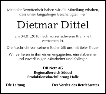 Traueranzeige von Dietmar Dittel von Mitteldeutsche Zeitung Merseburg/Querfurt