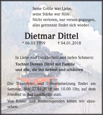 Traueranzeige von Dietmar Dittel von WVG - Wochenspiegel Merseburg
