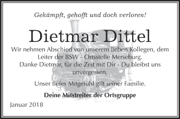 Traueranzeige von Dietmar Dittel von Super Sonntag Merseburg