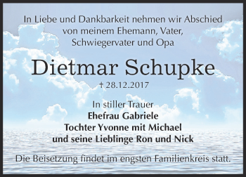 Traueranzeige von Dietmar Schupke von Super Sonntag Bernburg