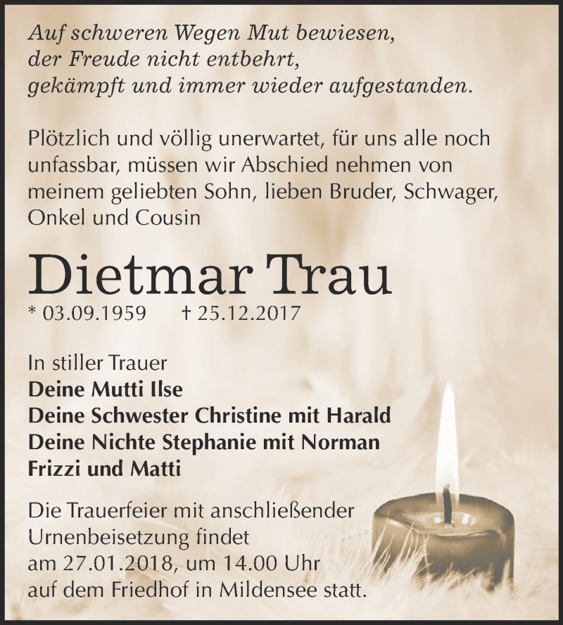  Traueranzeige für Dietmar Trau vom 13.01.2018 aus WVG - Wochenspiegel Dessau / Köthen