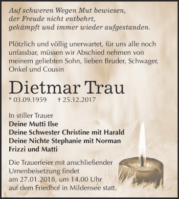 Traueranzeige von Dietmar Trau von WVG - Wochenspiegel Dessau / Köthen
