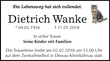 Traueranzeige von Dietrich Wanke von WVG - Wochenspiegel Dessau / Köthen