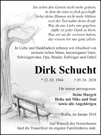 Traueranzeige von Dirk Schucht von Super Sonntag SGH Mansf. Land