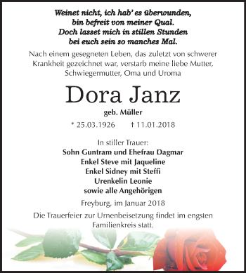 Traueranzeige von Dora Janz von Mitteldeutsche Zeitung