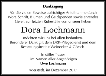 Traueranzeige von Dora Lochmann von Mitteldeutsche Zeitung Bernburg