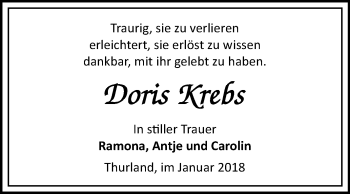 Traueranzeige von Doris Krebs von Mitteldeutsche Zeitung Bitterfeld