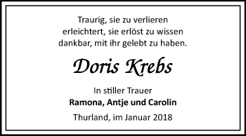 Traueranzeige von Doris Krebs von WVG - Wochenspiegel Bitterfeld