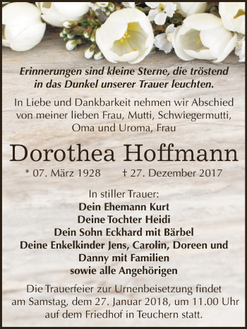 Traueranzeige von Dorothea Hoffmann von WVG - Wochenspiegel NMB / WSF / ZTZ