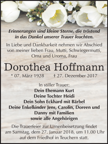 Traueranzeige von Dorothea Hoffmann von Mitteldeutsche Zeitung Weißenfels