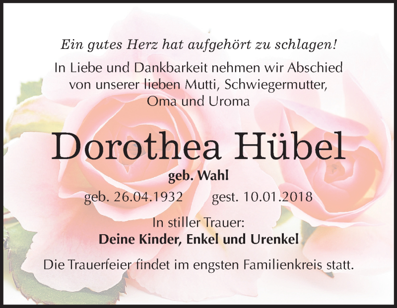  Traueranzeige für Dorothea Hübel vom 20.01.2018 aus Mitteldeutsche Zeitung Bitterfeld