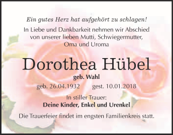 Traueranzeige von Dorothea Hübel von WVG - Wochenspiegel Bitterfeld