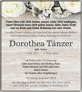 Traueranzeige von Dorothea Tänzer von WVG - Wochenspiegel Merseburg