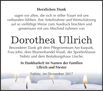 Traueranzeige von Dorothea Ullrich von WVG - Wochenspiegel Wittenberg