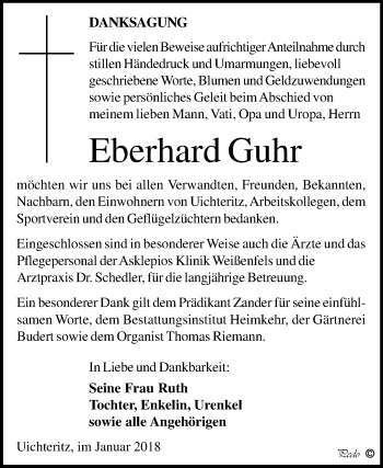 Traueranzeige von Eberhard Guhr von Mitteldeutsche Zeitung Weißenfels