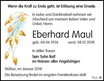 Traueranzeige von Eberhard Maul von WVG - Wochenspiegel NMB / WSF / ZTZ