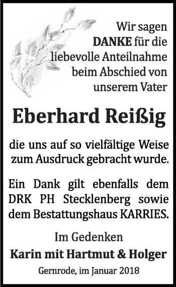 Traueranzeige von Eberhard Reißig von WVG - Wochenspiegel Quedlinburg