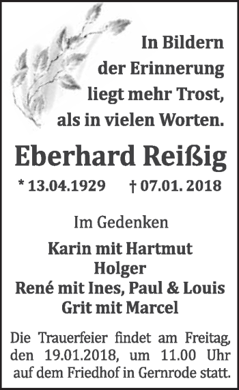 Traueranzeige von Eberhard Reißig von WVG - Wochenspiegel Quedlinburg