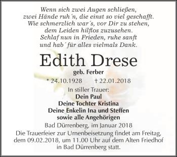 Traueranzeige von Edith Drese von Super Sonntag Merseburg
