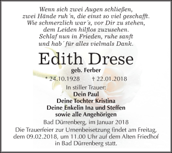 Traueranzeige von Edith Drese von Mitteldeutsche Zeitung Merseburg/Querfurt