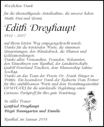 Traueranzeige von Edith Dreyhaupt von WVG - Wochenspiegel NMB / WSF / ZTZ