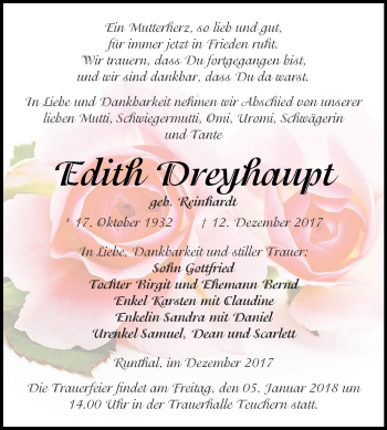 Traueranzeige von Edith Dreyhaupt von WVG - Wochenspiegel NMB / WSF / ZTZ