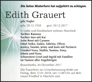 Traueranzeige von Edith Grauert von WVG - Wochenspiegel Merseburg