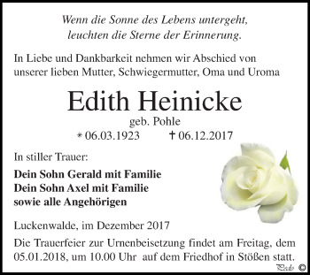 Traueranzeige von Edith Heinicke von WVG - Wochenspiegel NMB / WSF / ZTZ