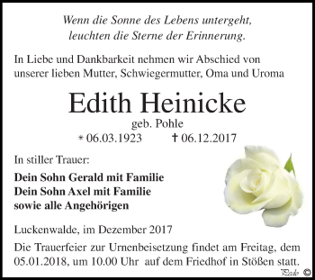 Traueranzeige von Edith Heinicke von Mitteldeutsche Zeitung Weißenfels