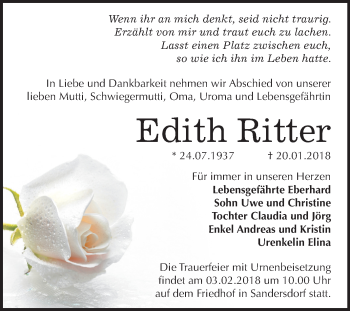 Traueranzeige von Edith Ritter von Mitteldeutsche Zeitung Bitterfeld