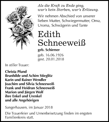 Traueranzeige von Edith Schneeweiß von Mitteldeutsche Zeitung Sangerhausen