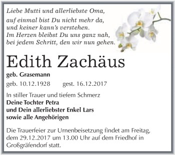 Traueranzeige von Edith Zachäus von WVG - Wochenspiegel Merseburg