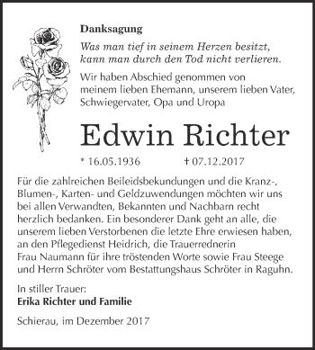 Traueranzeige von Edwin Richter von WVG - Wochenspiegel Bitterfeld
